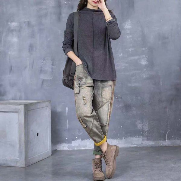 

stitching loose women's spring and autumn large size patch elastic waist washed old crimped pants, Blue