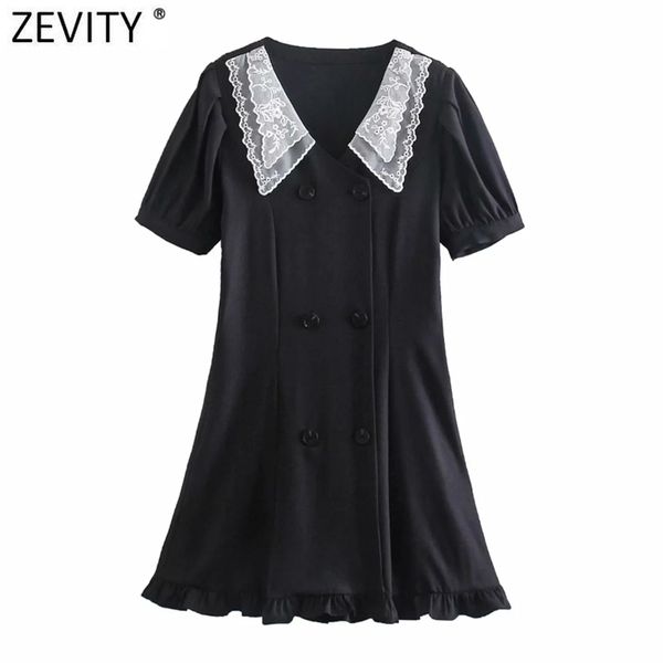 

women sweet lace collar patchwork double breasted black mini dress female chic puff sleeve ruffles summer vestido ds8161 210420, Black;gray