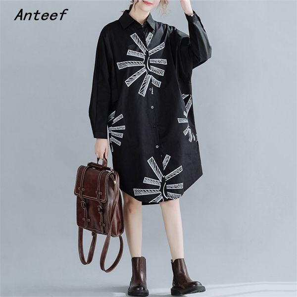 

long sleeve plus size black cotton vintage dresses for women casual loose midi spring autumn shirt dress elegant clothes 210517, Black;gray