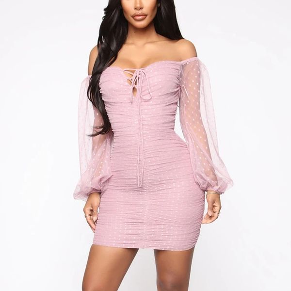 

newasia mesh summer dress women pink beach polka dot black bodycon dresses spring lantern sleeve ruched sheer dresses 210413, Black;gray