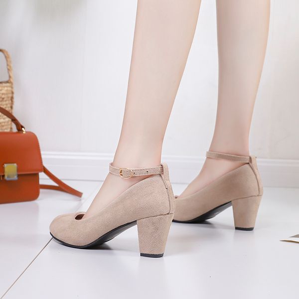 

sandals beige ankle strap 5cm high heels autumn flock round toe pumps female summer shoes women fashion shallow umll, Black
