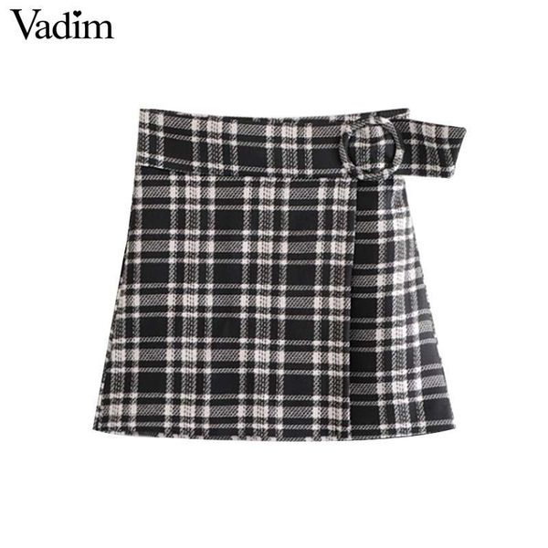 

skirts vadim women vintage plaid mini wrap skirt checkered side zipper sashes design ladies casual a line faldas mujer ba177, Black