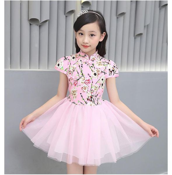 

girl's dresses girls cheongsam for babby summer chinese floral wedding party short sleeve voile ball grown18m-12years kid, Red;yellow