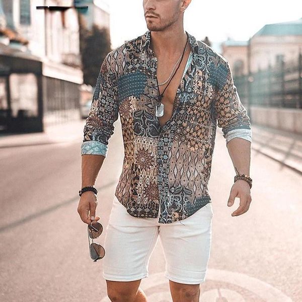

men's casual shirts vintage print men shirt long sleeve ethnic style breathable lapel streetwear camisa beach hawaiian, White;black