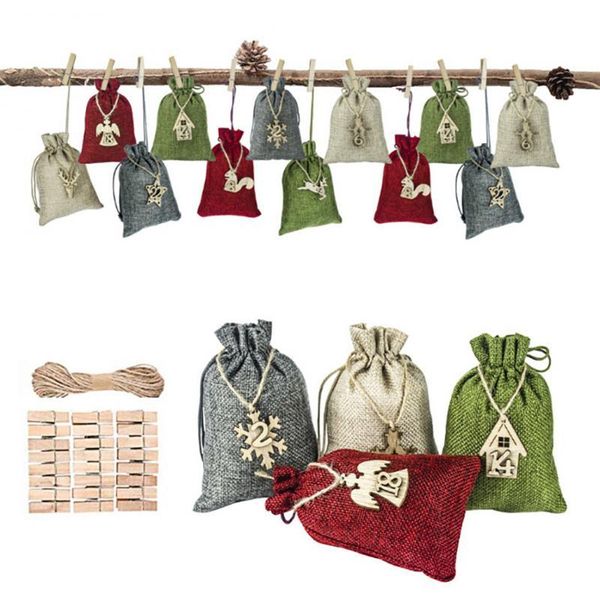

christmas decorations 24pcs pendant countdown burlap bag wooden digital 24 days calendar tree hanging gift