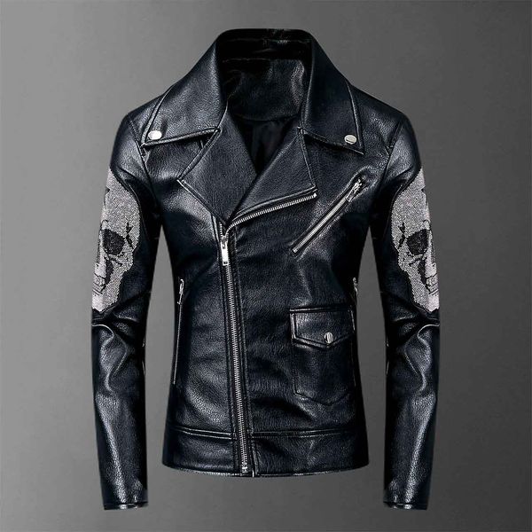 

quickly send new cool leather jacket rivet zipper motorcycle jacket turn down collar argyle pattern leather coats, Black
