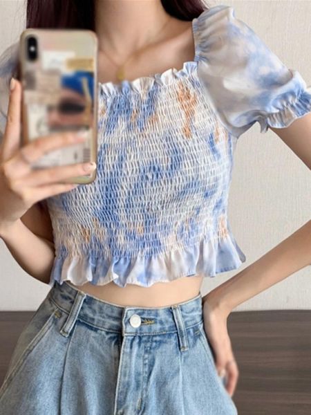 

women's blouses & shirts vintage women puff sleeve ruched slim ruffle elegant ladies short floral print shirt top, White