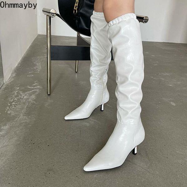 

boots 2021 women knee high patented leather pointed toe side zipper woman thin heels winter ladies folds long, Black