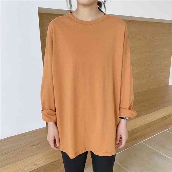 

oversized solid loose women t shirt tees full sleeve o-neck basic long casual fashion korean ladies t-shirts femme 210514, White