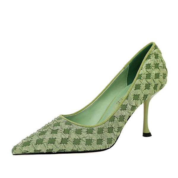 

2021 spring heels fashionable pedicure sweet women heels slim heel plaid fabric pumps women shoes 1, Black
