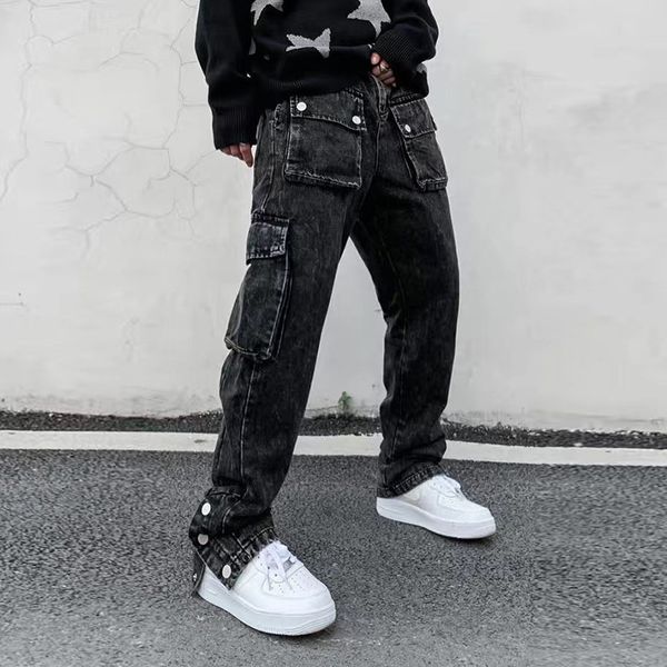 

high street multi-pocket washed denim trousers mens ankle button retro straight jeans for men oversize hip hop baggt pants, Black