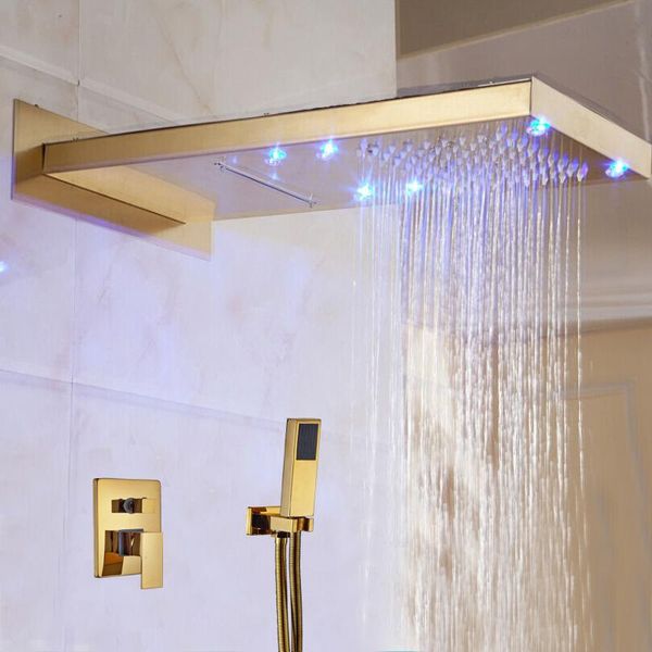 

wholesale and retail square golden brass led waterfall rain blathroom shower faucet 3 ways valve hand sprayer bathroom sets