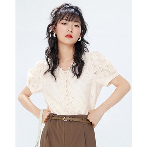 

women's blouses & shirts mall's same shopping sfl2021 spring and summer v-neck slim cut-out chiffon shirt short sleeve female 7c42, White