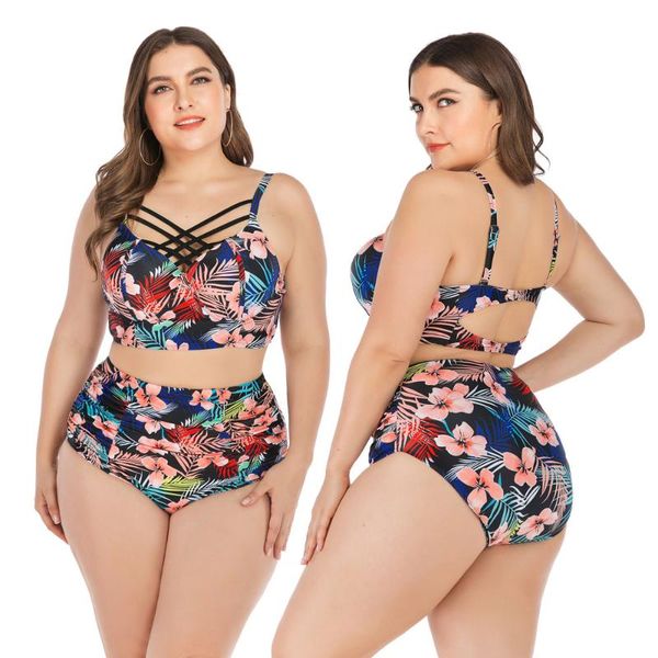 

women's retro halter bikini plus size swimwear high neck criss cross push up two piece bathing swimsuits waist floral print one-piece s