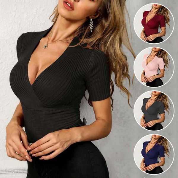 

women's t-shirt low-cut deep v-neck slim short-sleeved knit bottoming cross-shirt black ladies solid color wild crop, White