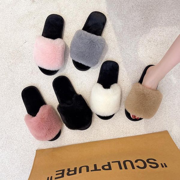 

slippers 2021 summer rex fur women home fluffy sandals comfortable indoor furry female casual flats sweet shoes, Black