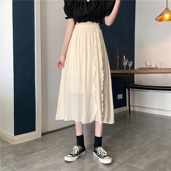 

skirts summer 2021 korean high waisted slim pleated mid length a-line skirt for girls, Black