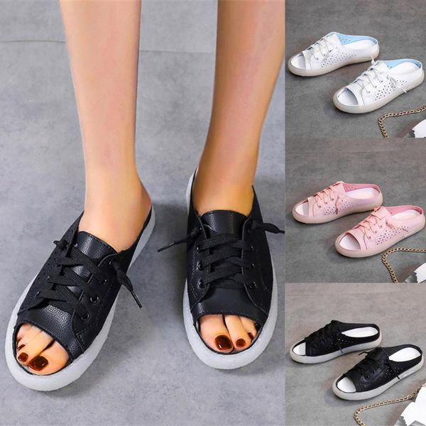 

slippers fashion summer sandals pure color round toe casual flat heels slides shoes home pantoufle femme #e25, Black