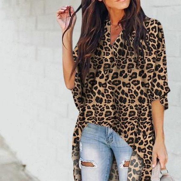 

v neck casual womens shirts long sleeve irregular leopard print, White