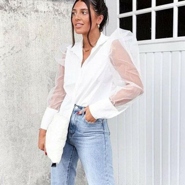 

womens fashion blouse perspective bubble sleeve v neck button elegant blouses ladies shirts blusas black white women's &