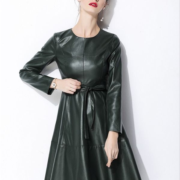 

office lady leather with belt a-line yellow casual knee length black long sleeve women es spring autumn vestidos pu, Black;gray