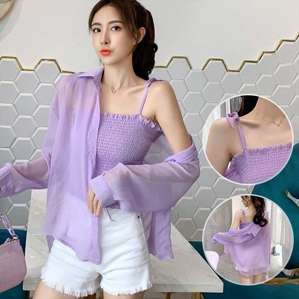 

summer loose purple jacket womens shirts long sleeved chiffon blusas mujer de moda, White