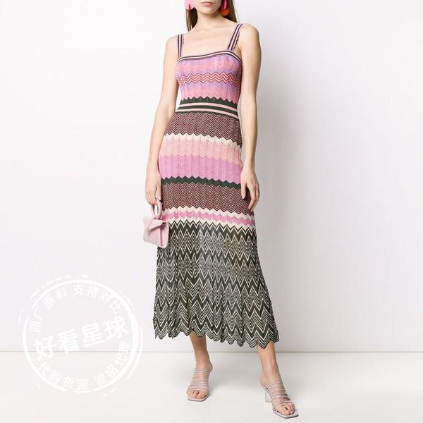 

casual dresses 2021 runway summer knitted women stripe elegant sweater knitting sleeveless luxury long dress vestidos, Black;gray