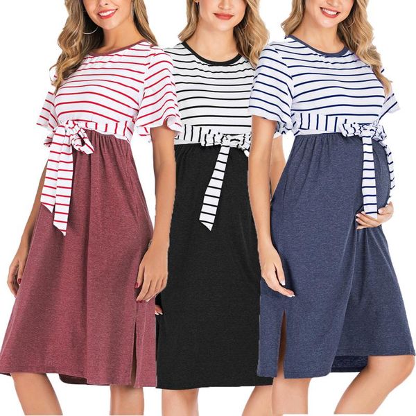 

maternity dresses pregnancy dress pregnant women clothes round neck short-sleeve striped casual fashion summer, White