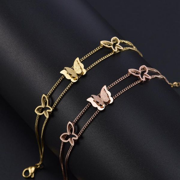 

link, chain fashion student stainless steel bracelet women temperament hollow double butterfly sand-pressed women's gift, Black