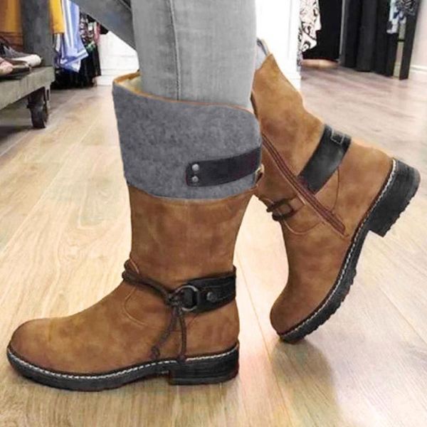 

boots woman fashion patchwork leather knee high buckle heel autumn winter warm snow shoes botas de mujer, Black