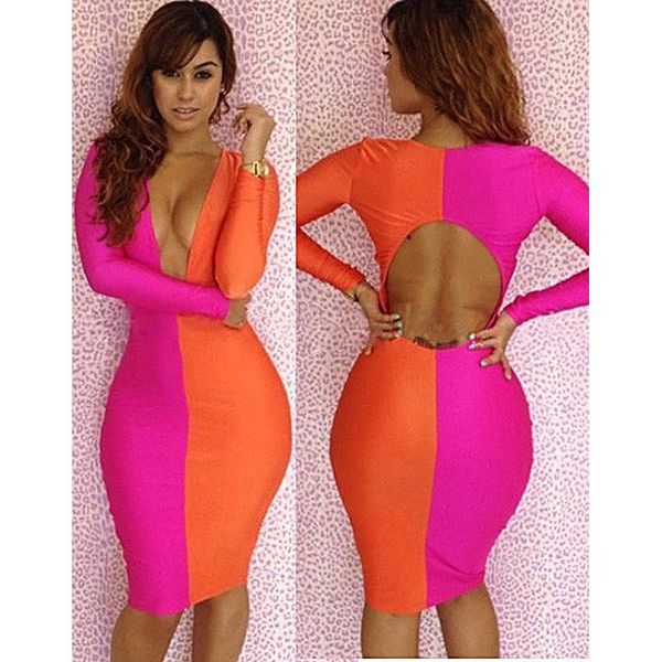 

women club deep v bodycon dress sheath casual autumn long sleeve backless slim short robe fashion party bandage dresses, Black;gray