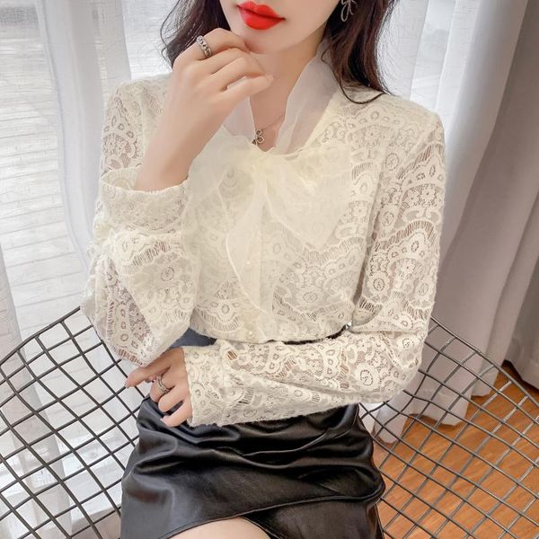 

women's blouses & shirts 2021 fall long sleeve lace blouse women white elegant female bow fashion