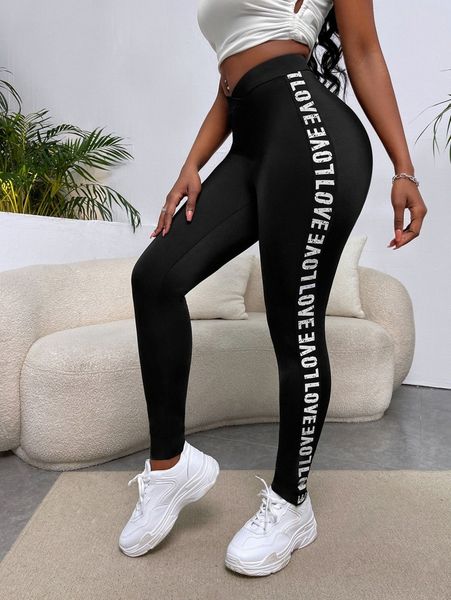 

letter graphic asymmetrical waist leggings e9ra#, Black