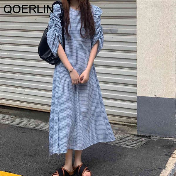 

dresses drawstring sleeve blue plaid women french retro loose slit long ankle-length shirt es robe femme vestido, Black;gray