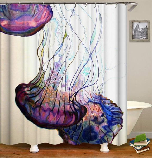 

happy watercolor jellyfish shower curtain. background. 70.8x70.8 inch waterproof fabric. contains 12 hooks. home decoration.