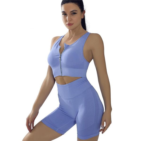 

yoga outfit seamless set zippers women feamle 2pcs two piece crop high waist shorts sportsuit workout sport gym clothes wear