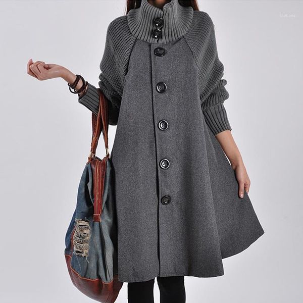 

women's wool & blends women autumn style coat stand collar large size imitation mid-length windbreaker loose woolen female clothes, Black