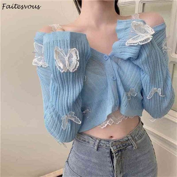 Butterfly Knit Cardigan Coreano Sexy V-pescoço De Fitness Crop Tops Senhoras Verão Fina Das Longa Rasca Solcreen Jackets 210806