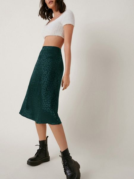 

zipper side leopard satin skirt n9m2#, Black