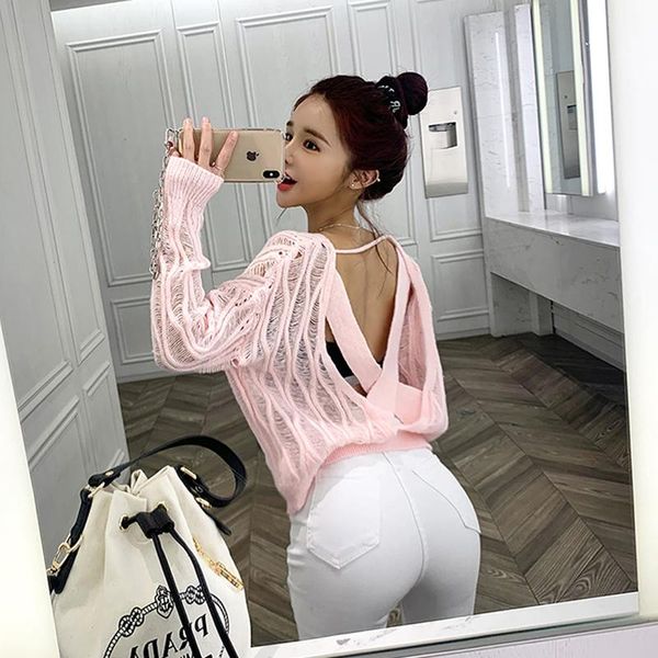 

women's sweaters y2k girl big cross backless loose thin sweet pink lady split hollow out pullover sweater autumn korean fashion, White;black