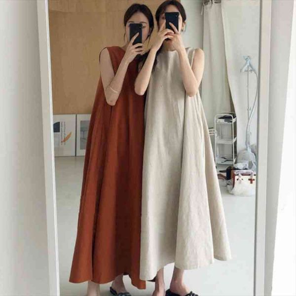

[ewq] summer chic loose swing women dresses sleeveless mid-length cotton linen long high waist runway, Black;gray