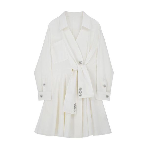 

casual dresses lapel collar women dress elegant lace up lantern long sleeve high waist ruched asymmetrical for female tide, Black;gray