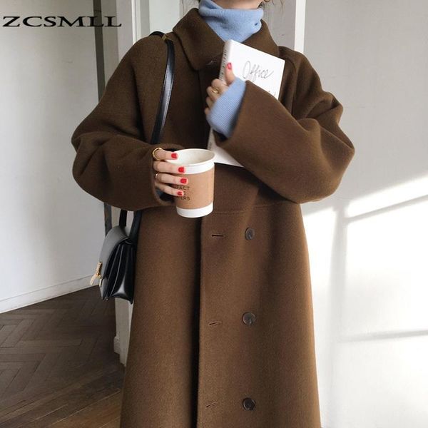 

women's wool & blends zcsmll korean windbreaker autumn winter temperament elegant lapel double breasted loose over the knee long warm w, Black