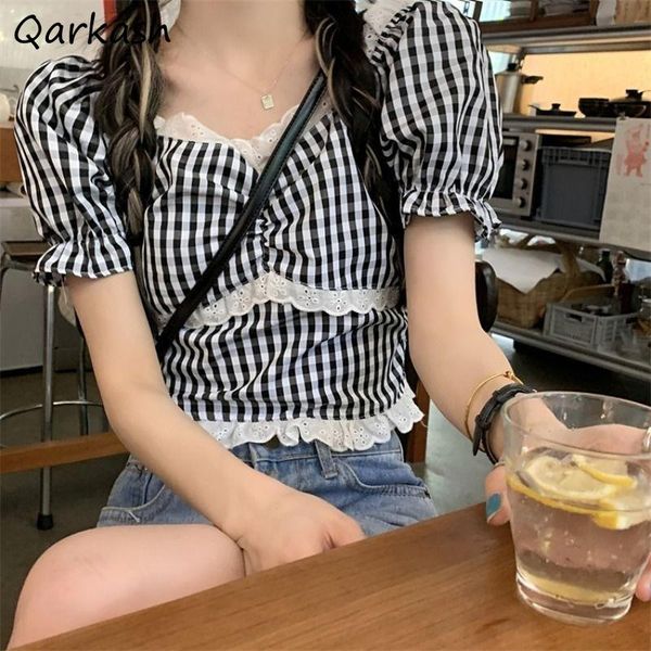 

women's blouses & shirts women puff sleeve preppy style summer chic casual plaid simple harajuku student lace cute girls crops basic fa, White