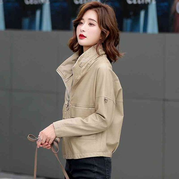 

autumn and winter 2020 women's small coat pu stand collar motorcycle suit loose large hat casual short leather women, Black
