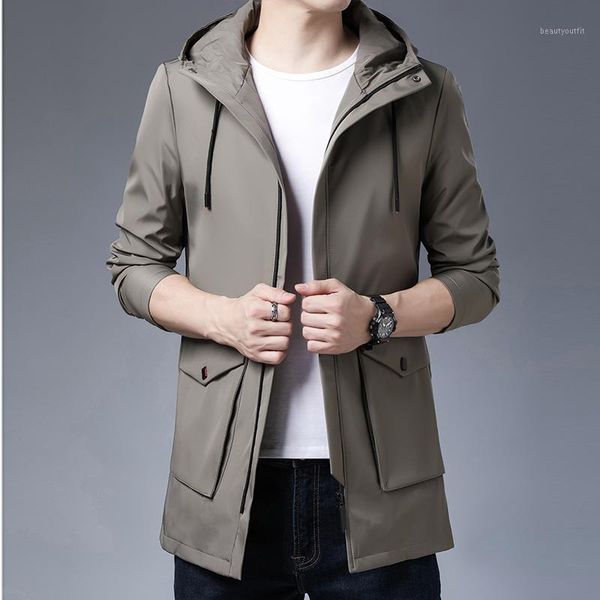 

men's trench coats brand casual fashion hooded coat for men 2021 spring autumn windbreaker overcoat classic long jacket clothes, Tan;black