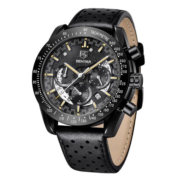 

wristwatches benyar fashion watch men waterproof leather strap chronograph wrist watches for quartz sports clock relogio masculino, Slivery;brown