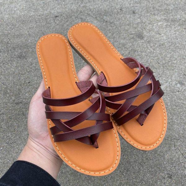 

slippers genuine leather slides fashion and summer shoes woman ladies retro thin belt open toe large size flat bottom feamle, Black
