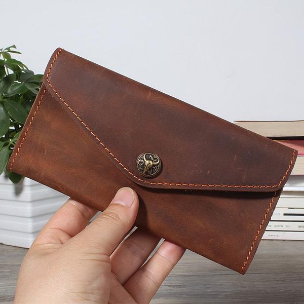 

crazy horse leather men wallet men's luxury long soft cowhide handmade vintage genuine slim purse wallets, Red;black