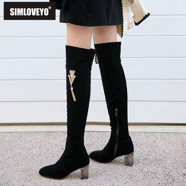 

boots simloveyo over the knee for women round toe thick heel zipper faux suede metal decoration tassel black size 48 botas